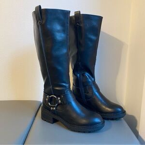 New Ruiee Black Knee-High Biker Moto Riding Boots Round Toe Block Heel Sz 6.5